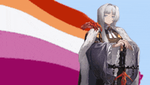 a painting of a woman with a dragon on her shoulder in front of a lesbian flag