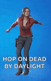 a woman in a red jacket and jeans is dancing in a video game .