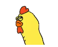 a yellow chicken with a red crest on its head is making a funny face