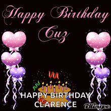 a birthday card for clarence with balloons and cake