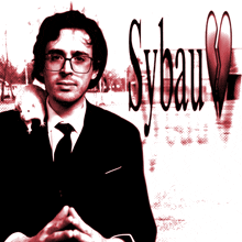 a man in a suit and tie with a rat on his shoulder and sybau written in red