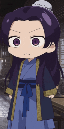 a little girl with long purple hair is wearing a blue and gold outfit