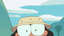 a cartoon character wearing a hat and glasses with a palm tree in the background