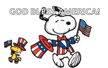 a cartoon of snoopy and woodstock holding american flags with the words god bless america above them