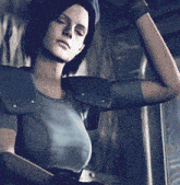 a woman in a video game is standing in front of a door