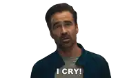 a man with a beard says " i cry " in front of a white background