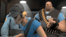a man in a blue shirt is holding a gun belt with bullets on it