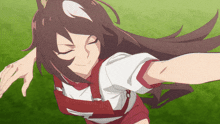 a girl with long brown hair is wearing a red and white shirt