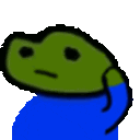 a pixel art of a green frog wearing a blue shirt with a sad face .