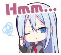 a cartoon of a girl with long white hair and blue eyes says hmm .
