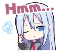 a cartoon of a girl with long white hair and blue eyes says hmm .