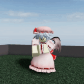 a cartoon character in a pink dress is standing on a grassy field