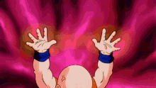 a cartoon character has his hands up in the air .