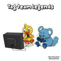 a cartoon of a duck and a mouse playing a video game with the words tag team legends above them