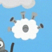 a cartoon illustration of a sheep jumping in the air with a cloud in the background .