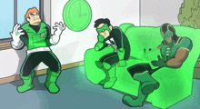 three green lanterns are sitting on a green couch and one of them is playing with a clock