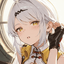 a close up of a girl with white hair and a black glove