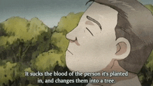 a cartoon of a man with the words it sucks the blood of the person it 's planted in