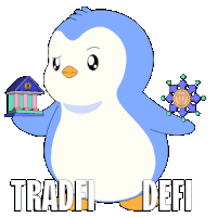 a penguin holding a house and a coin with the words tradei defi written below it