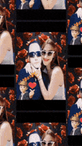 a man and a woman wearing sunglasses are posing for a picture with roses in the background