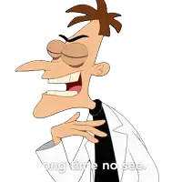 a cartoon character with the words long time no see on the bottom