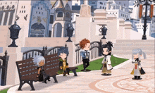 a group of cartoon characters are standing around a bench in a park