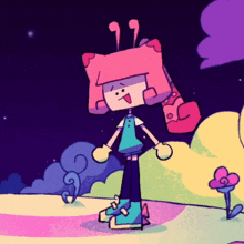 a cartoon drawing of a girl with a pink and white head