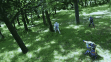 a group of people standing in a grassy field with trees
