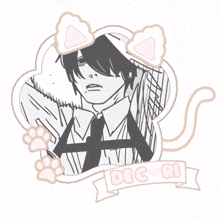 a black and white drawing of a boy with cat ears and the words dec ri