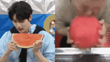a man is eating a slice of watermelon next to a picture of a man eating a slice of watermelon .