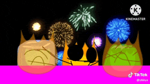 three cartoon characters are watching fireworks with crowns on their heads .