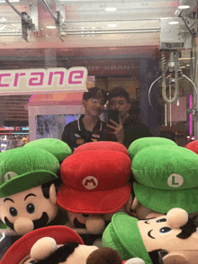 a group of mario and luigi stuffed heads are sitting under a sign that says crane
