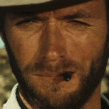 a man with a beard is wearing a cowboy hat and smoking a cigar .