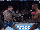 two men are fighting in a boxing ring and one of them is wearing a ufc glove