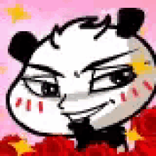a panda bear is wearing a bow tie and smiling in front of a bunch of red flowers .