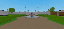 a cartoon character stands in front of a fountain in a park