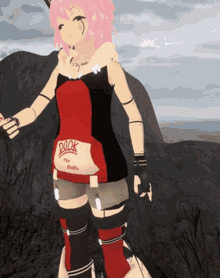 a girl with pink hair is wearing a red and black outfit with the word door on the back