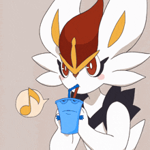 a cartoon drawing of a rabbit drinking from a blue cup with a straw