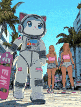 a cartoon drawing of a cat in an astronaut suit holding a skateboard that says wen on it