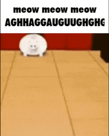 a white cat is walking on a wooden floor and says meow