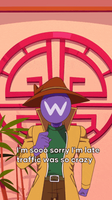 a cartoon character with a w on his head says i 'm sooo sorry