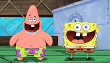 patrick and spongebob are standing next to each other with their mouths open