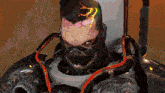 a close up of a person 's face with a glowing lightning bolt on it