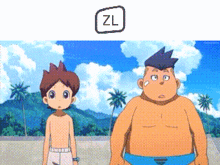 a couple of cartoon characters standing next to each other with a zl icon above them