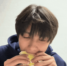 a young boy in a blue hoodie is eating a sandwich