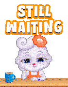 a cartoon of a cat sitting at a table with the words still waiting above her