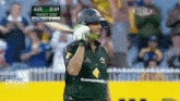 a cricket player is getting ready to hit a ball with a scoreboard behind him that says aus 0/69 target 222