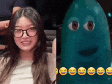 a woman wearing glasses next to a picture of a blue cartoon character