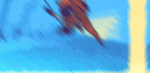 a blue background with a yellow border and a red object in the middle