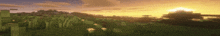 the sun is setting over a field of grass and trees in minecraft